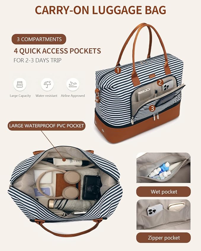 Weekender Bags for Women Travel, Under Seat Carry On Bags for Airplanes Overnight Bag with Shoe Compartment Luggage Sleeve, Foldie Travel Tote Bag Hospital Bag, Travel Gifts, Blue Strip