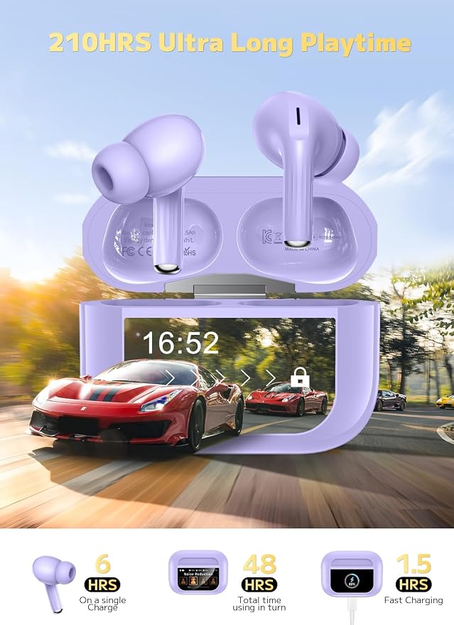 Bucephalus Wireless Earbuds, Ear Buds Active Noise Cancelling with Smart Charging Case, Bluetooth 5.4 Headphones, 48H Playtime & Bass Stereo Sound, Compatible with iPhone, Android, Pad - Aurora Purple