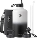 Coolflask 128 oz Gallon Water Bottle Insulated with Straw&3 Lids, Water Jug Large Stainless Steel Metal Vacuum Wide Mouth for Sports, Gym or Office, Non-BPA Keep Cold 48H Hot 24H, White & Black