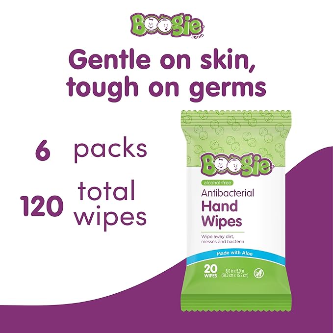 Boogie Antibacterial Hand Wipes - 120 Count - Hypoallergenic & Alcohol-Free - Travel and Diaper Bag Essential