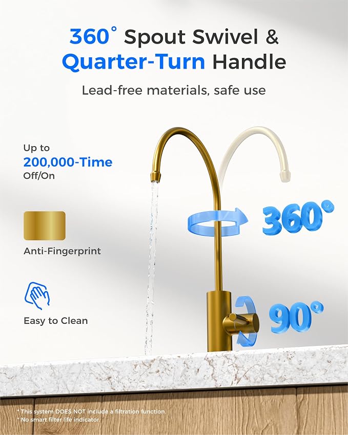Waterdrop G2FCT-Gold Drinking Water Faucet, Reverse Osmosis Faucet, Water Filter Faucet for Kitchen Bar Sink, Single Handle, Easy to Install, Lead-Free, Stainless Steel, Brushed Gold