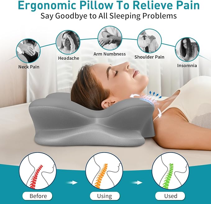 Cervical Pillow for Neck Pain Relief, Ergonomic Neck Pillow for Sleeping, Contour Pillow for Neck Support, Memory Foam Pillows for Reading & Bed Rest Pillows for Sleepers (Grey & White)