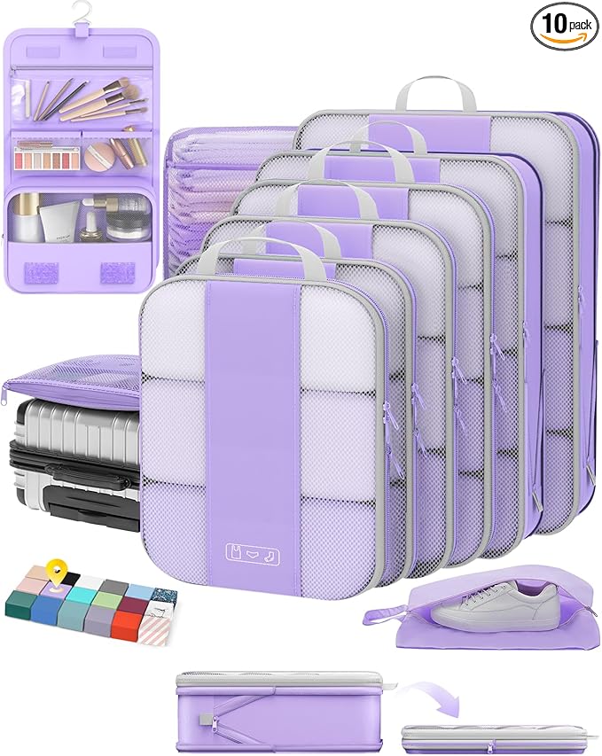 10 Set Compression Packing Cubes for Travel Essentials,Compressible Expandable Packing Cubes for Suitcase,OlarHike Luggage Garment Bags for Travel,Handy Helper for Organizing Clothes(Light Purple)