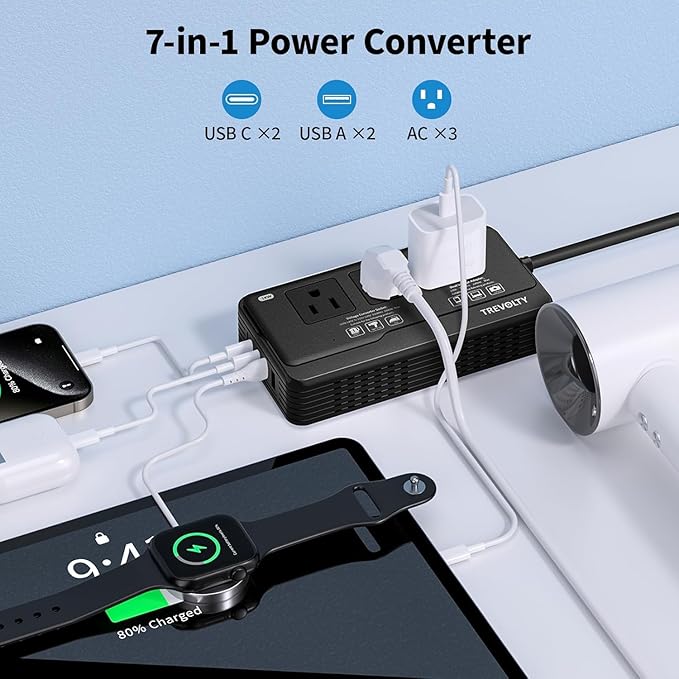 2000W Voltage Converter US to Europe for Hair Dryers, 7-in-1 220V to 110V Converter for European Travel with 3 AC/2 USBA/2 USBC Ports, Power Converter Adapter Combo with Type C/G/I/L Plugs (Black)