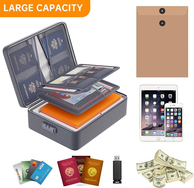 DocSafe 5200°F Document Organizer with Lock,Upgraded Heat Insulated Fireproof＆Waterproof Box 8 Layers File Organizer,Portable Home Travel Safe Storage for Important Documents, Files,Gray (Soft) | Heat Insulated 8 Layers File Protection Bag,Water-Resist...