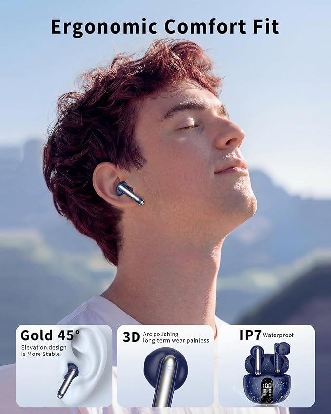 Wireless Earbuds, 2026 Bluetooth 5.4 Headphones Bass Stereo Ear Buds with Noise Cancelling Mic, LED Display in Ear Earphones 50H Playtime Ear Buds, IP7 Waterproof for Laptop Pad Phones Pure Blue