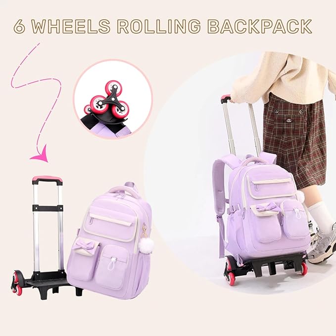 Purple Rolling Backpack for Girls Kids Trolley Rolling School Bag Wheeled Backpack for Elementary School Roller Bookbags on 6 Wheels, Purple