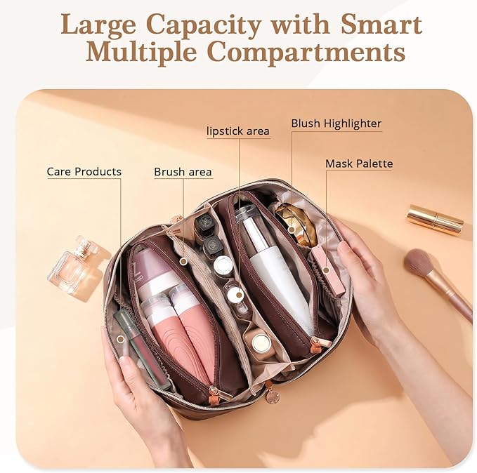 Travel Makeup Bag for Women: 3-in-1 Large Capacity Cosmetics Organizer with 2 Detachable Pouch - Vegan Leather Flat Open Toiletry Bag - Travel Essentials for Full-Sized Bottles(Coffee)