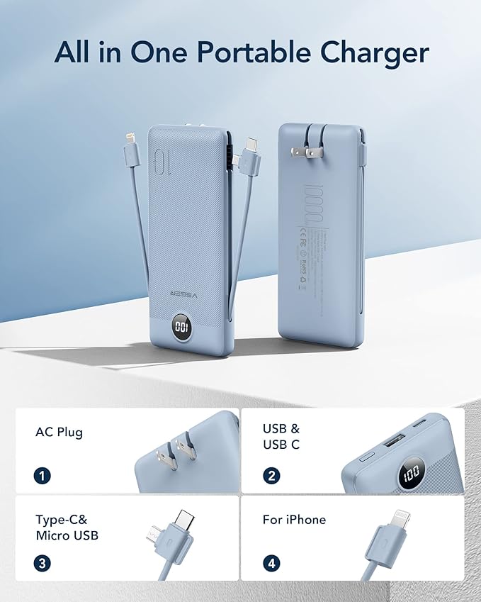VEGER Portable Charger Power Bank with Built-in AC Plug and Cables, All in One 10000mAh Ultra Slim Travel Essentials, Fast Charging Battery Pack Compatible with iPhone, Samsung, Android (Blue)