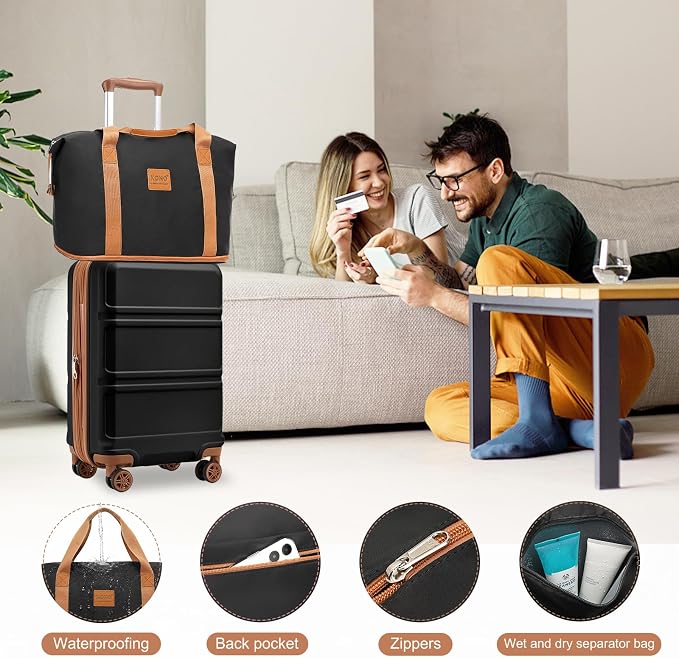 Kono Luggage Set 4 Piece Expandable Carry On Hardside Luggage with TSA Lock Spinner Wheels Lightweight PC+ABS Carry On Suitcase Apricot Black