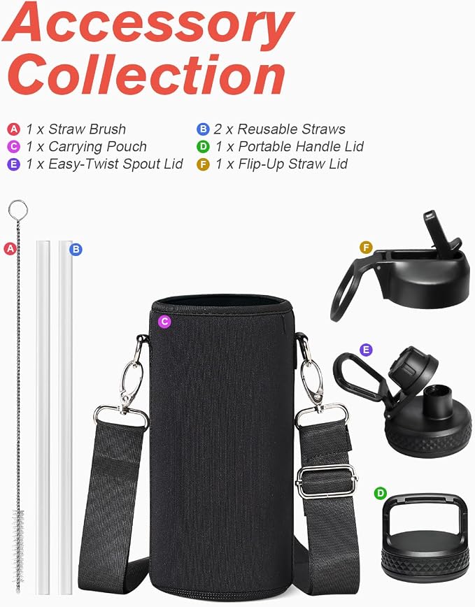 Coolflask Water Bottle 32 oz Insulated with Straw, Stainless Steel Metal 3 Lids Water Flask Wide Mouth for Sports or Office, Non-BPA Keep Cold Up to 48 Hrs or Hot Up to 24 Hrs, White & Black