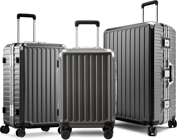 LUGGEX Luggage Sets with Spinner Wheels, 8010S Aluminum Frame Zipperless Polycarbonate Hard Shell Suitcase Sets (ZX-Core, Charcoal Metallic, 3 Piece (20/24/28))