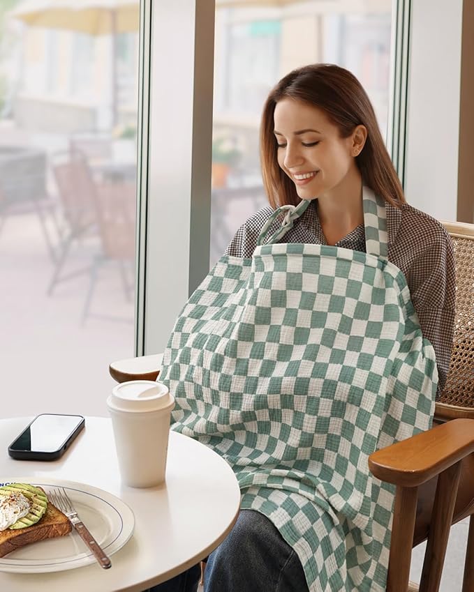Blissful Diary Muslin Nursing Cover for Breastfeeding, Breathable Breastfeeding Cover up with Arch Neckline for Women, Nursing Apron (Sage Checkboard)