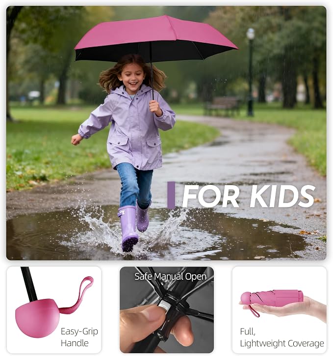 Travel Mini Umbrella Compact Small & Lightweight, UV Rain Protection, Pocket-Sized Folding Umbrellas with Quickdraw & Case for Men Women & Kids Backpack
