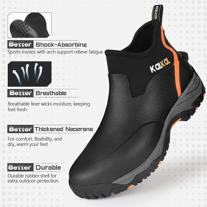 Kalkal Men's Rubber Boots, Waterproof Ankle Rain Boots, Insulated Working Booties with Comfortable Sports Sole, Outdoor Mud Boots for Yard Chore