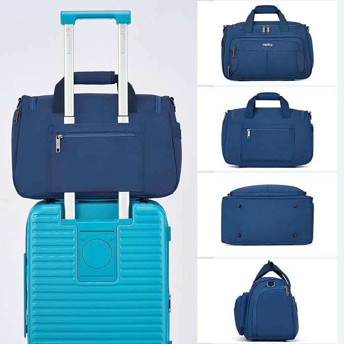 HanTrip Carry on Duffel Bag Foldable Duffle Bags for Travel, Under Seat Personal Item Bags for Airplanes, Weekender Overnight Mens Travel Tote Bag for Women Small Softside Carry on Luggage (Blue)