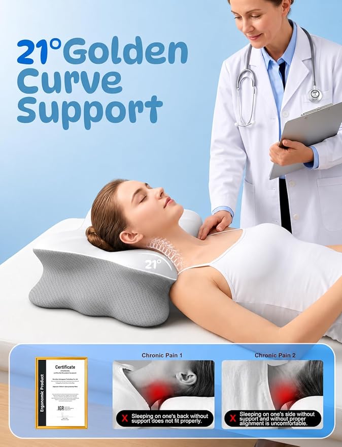 Cooling Cervical Neck Pillow for Pain Relief, Ergonomic Mellow Sleep Pillow for Neck Support | Adjustable | Memory Foam | Odorless Orthopedic Bed Pillow for Side Back Stomach Sleepers - Gift for Mom