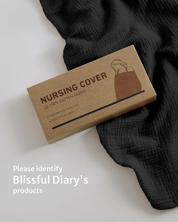 Blissful Diary Muslin Nursing Cover for Breastfeeding, Breathable Breastfeeding Cover up with Arch Neckline for Women, Nursing Apron (Black)