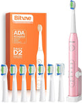 Bitvae Ultrasonic Electric Toothbrush - Rechargeable Sonic Electric Toothbrush for Adults and Kids, Power Toothbrush with Holder, 8 Brush Heads, Smart Timer, Fast Charge, Pink D2