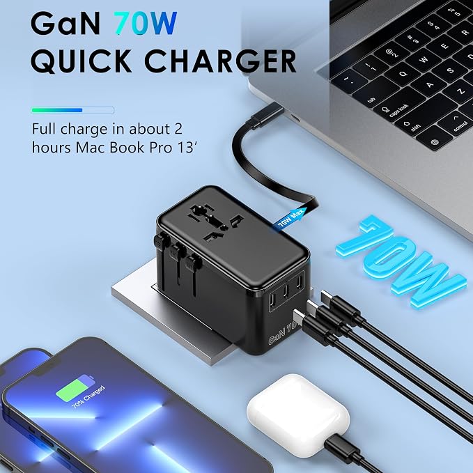 JMFONE 70W GaN Universal Travel Adapter, Retractable USB-C Cable + 4 USB-Port + 2500W AC Outlet, International Power Adapter with US EU UK AUS Plugs for 200+ Countries, Fast Charging Laptops Phones