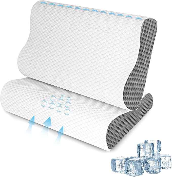 2 Pack Memory Foam Cooling Bed Pillows for Sleeping, Ergonomic Cervical Pillow for Neck and Shoulder Pain Relief, Adjustable Cold Pillow Set of 2,with Pillowcase（Grey）