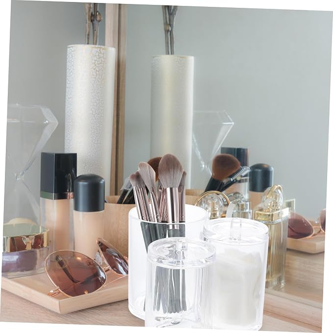 GLEAVI Triple Compartment Cotton Swab Dispenser Acrylic Makeup Organizer Lid for Bathroom and Vanity Storage