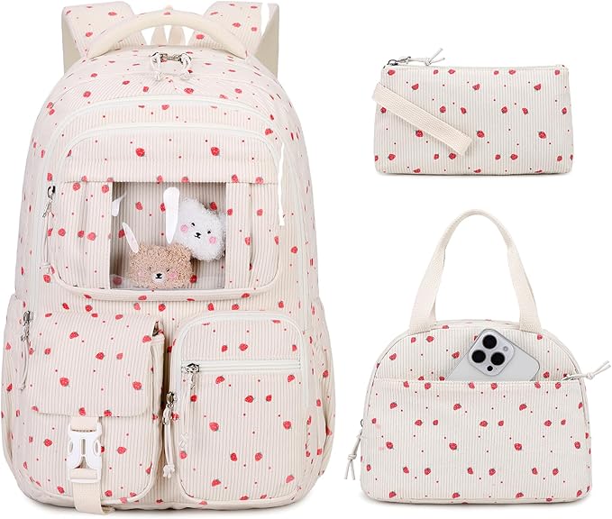PIG PIG GIRL Corduroy Backpack 3PCS Kids Backpack for Girls School Bags for Middle School Students Book Bag for Elementary Primary Kawaii Ita Backpack with Lunch Box Pencil Case Set, Beige Strawberry