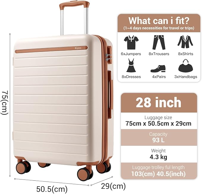 Kono 28 Inch Large Suitcase, Expandable for Long Trips, Impact-Resistant ABS+PC & Silent Wheels, White
