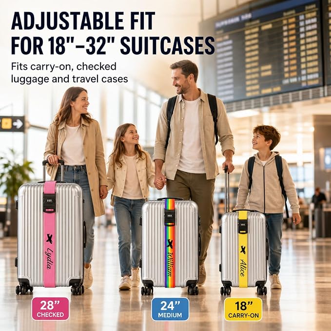 Personalized Luggage Strap with Combination Lock,10 Pcs Custom Embroidered Name Suitcase Belt, Heavy Duty Adjustable Travel Strap for Luggage Security and Easy Identification, Lockable Bag Belt