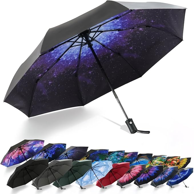 SY COMPACT Travel Umbrella - Windproof Automatic Compact Umbrella for Rain, Lightest 8-Rib, Small, Strong & Portable, Durable Grip, Fits Backpack & Car, Factory Direct (UV Available)