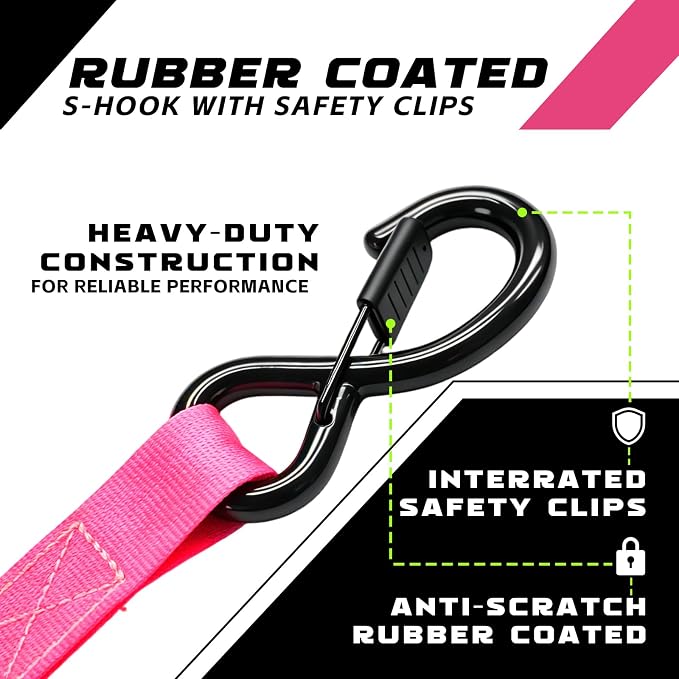 Retractable Ratchet Straps 1" x 13Ft, Heavy Duty Self Retracting Tie Down Straps, 1800lb Break Strength Auto Retract Cargo Straps for Truck, Trailer, Motorcycle, ATV, UTV, (Pink, 2 Pack)