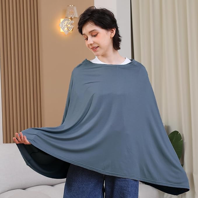 Seejoy Nursing Cover for Breastfeeding, 360°Full Coverage Nursing Poncho, Rayon Soft & Breathable Breastfeeding Cover up (Smooth Rayon, Blue)