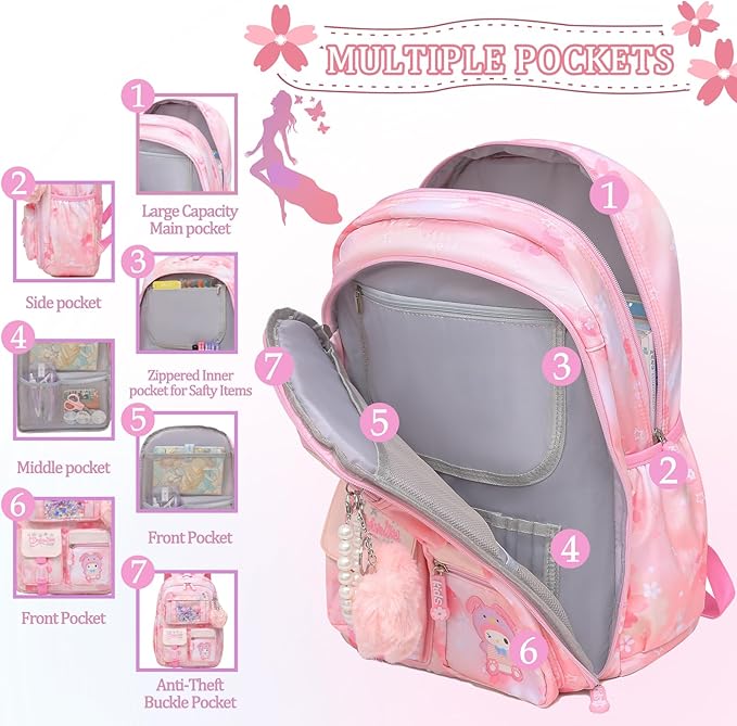 Lovely Girls Backpack School Bag for Students Kids Book Bag with Multiple Pockets Splash-proof Children's Backpack（17inch Pink）