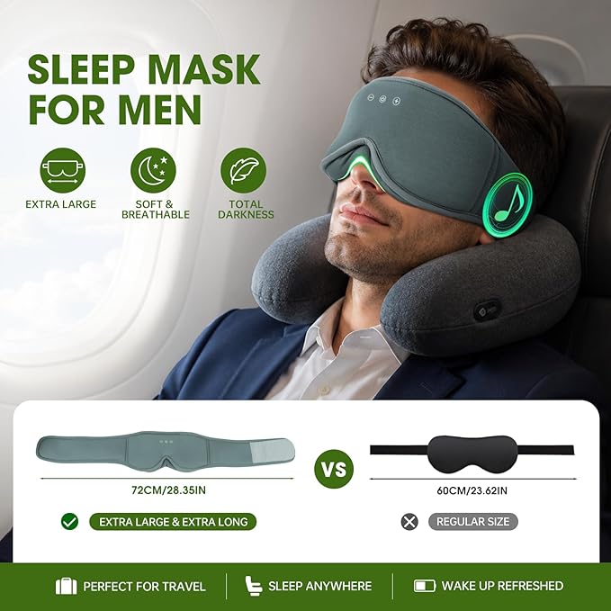 Bamboo Cotton Large Sleep Mask with Bluetooth Wireless Headphones - Blackout Eye Mask for Sleeping 3D Contoured Sleep Eye Cover Headband Ear Plugs Low Noise Hook for Men Women Better Experience (Grey)