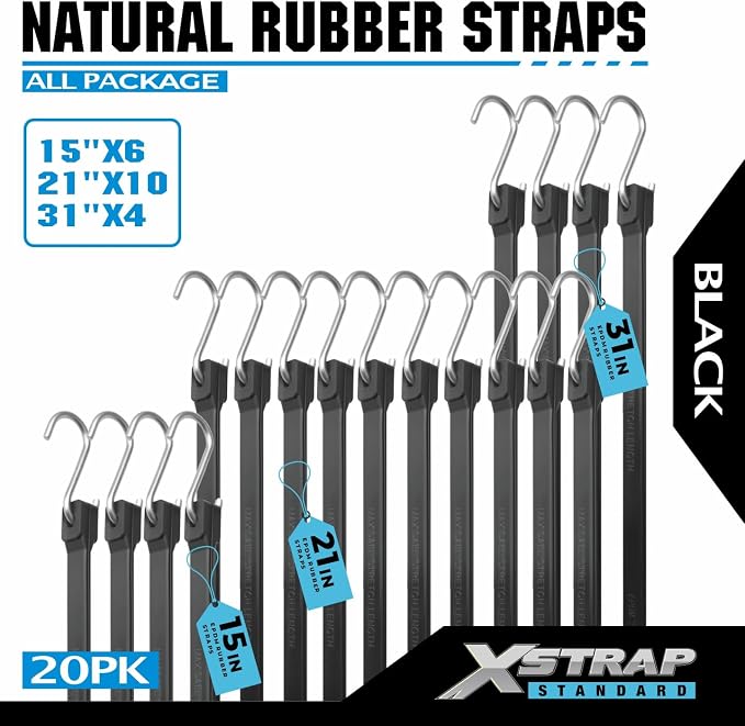 XSTRAP STANDARD 20 Pack Multiple Size Natural Rubber Tarp Bungee Straps Tie Down Cords with S Hooks Heavy Duty Ideal EPDM Bungee Cords for Outdoor, Tarp Covers, Canvas Canopies and Cargo