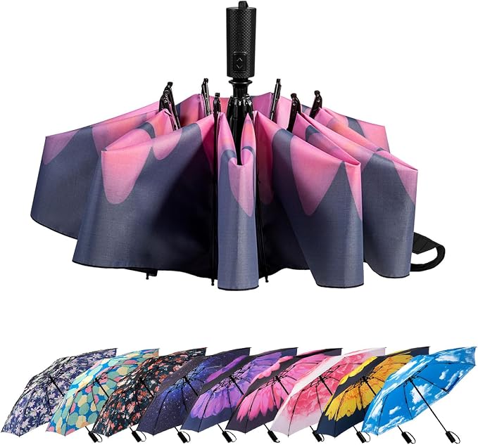 LANBRELLA Compact Reverse Folding Umbrella Auto Windproof Travel Umbrella