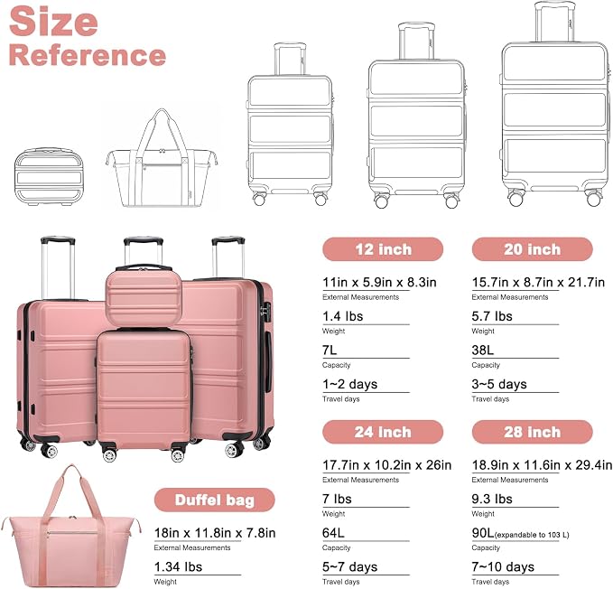Kono Suitcase Set 2 Piece Carry On Lightweight PC+ABS Hardside Luggage with TSA Lock Spinner Wheels (Nude, 20in)