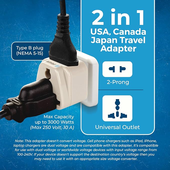OREI USA, Japan, Philippines & More (Type B) Travel Adapter Plug - 2 in 1 - CE Certified - RoHS Compliant - 2 Pack - White Color (DB-5-2PK)