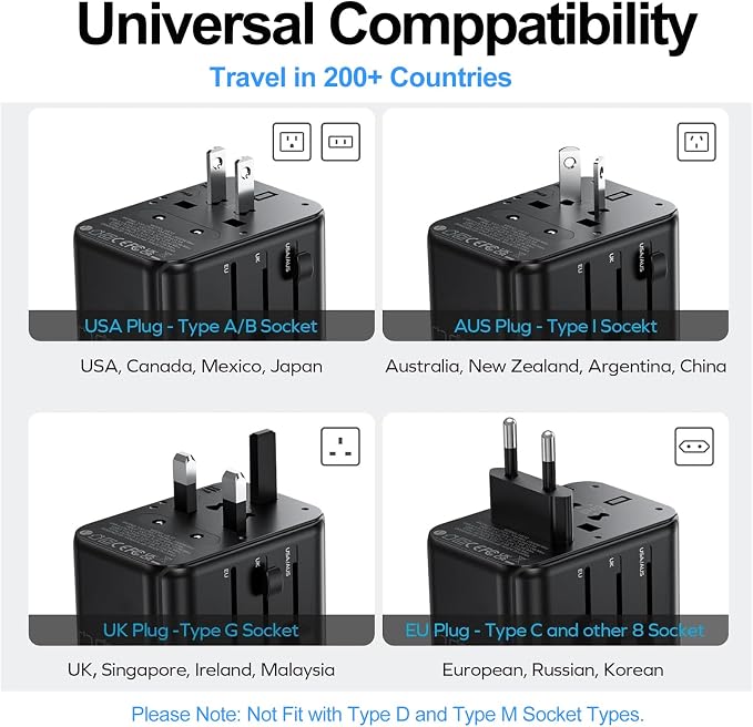 JMFONE Universal Travel Adapter GaN 120W, International Power Adapter with 4 USB-C & 1 USB-A & 2500W AC Outlet, Travel Charger for Europe UK US AU 200+ Countries, Fast Charging Laptops Tablets Phones