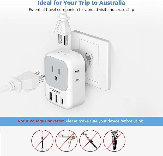 TESSAN Australia Plug Adapter, New Zealand Power Adapter with 4 Outlets 3 USB Charging Ports (1 USB C PD 20W), Type I Travel Plug for US to New Zealand China Argentina Fiji AU, 2 Pack
