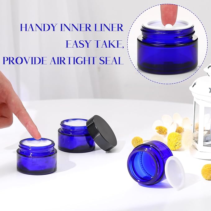 Domensi 60 Pcs 1oz Glass Jars with Lids Bulk Small Glass Salve Tins Cream Container Cosmetic Jars for Travel Balm with Inner Liners for Sample Cream (Cobalt Blue,Black Lid,Plastic Lid)
