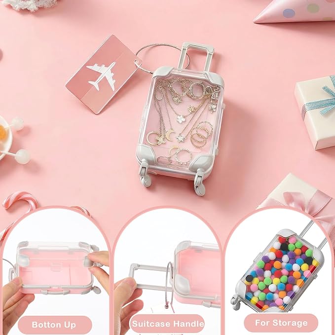 Teecyhooo 5 Pcs Mini Suitcase Party Favor Boxes and 5 Pcs Metal Luggage Tags with Card, Clear Mini Luggage Gift Boxes for Girls Wedding Travel Birthdays Bachelorette (6.5 x 2.8 x 1.4 Inch,Pink)