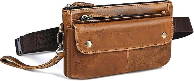 Water Resistant Canvas + Leather Hiking Riding Travel Fanny Waist Pack Small Phone Pouch For Men Women FB811-29 (100% Leather-The 8136 Brown2)