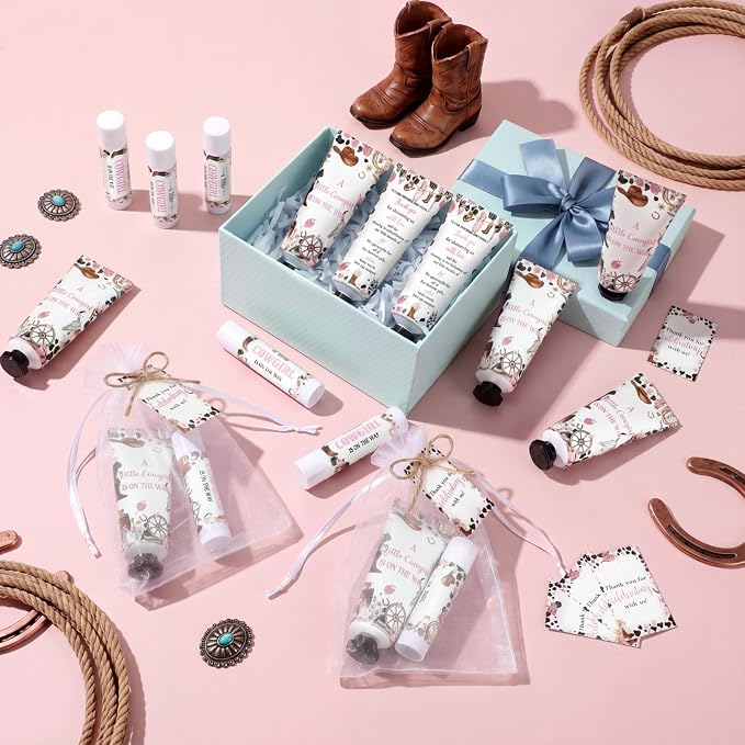 50 Sets A Little Cowgirl Is On The Way 200 Pcs Baby Shower Hand Lotion and Lip Balm Gift Theme Baby Shower Party Favors Travel Size Hand Lotion and Lip Balm Bulk with Organza Bags Tags