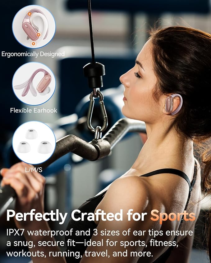 LEEMC Wireless Earbuds, Bluetooth Headphones 5.4, 80Hr Playtime Ear Buds with Hooks for Sports, Noise Canceling, LED Display, IPX7 Waterproof Earphones for Workout Running, Rosegold