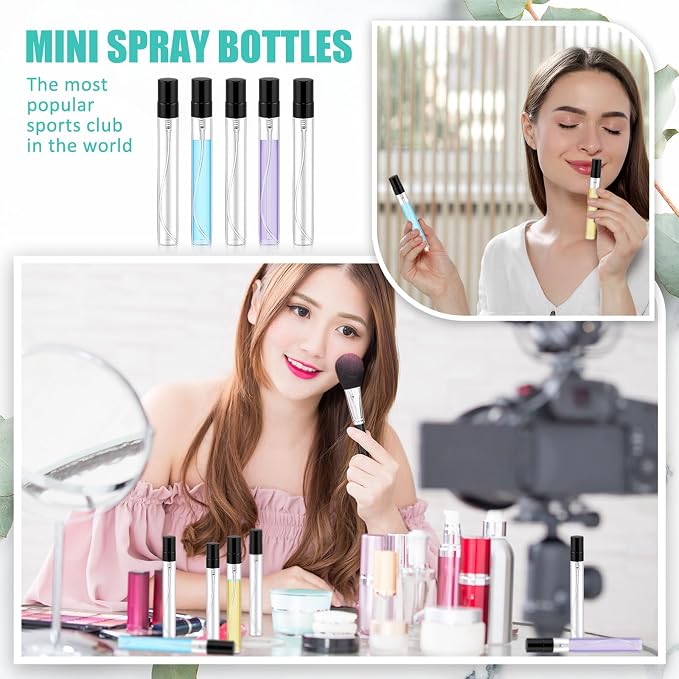 Zhehao 1 Pcs Mini Spray Bottles 10 ml Clear Glass Perfume Bottles Refillable Fine Mist Perfume Atomizer Portable Empty Sample Containers for Cleaning, Essential Oils, Travel (Black Cap)