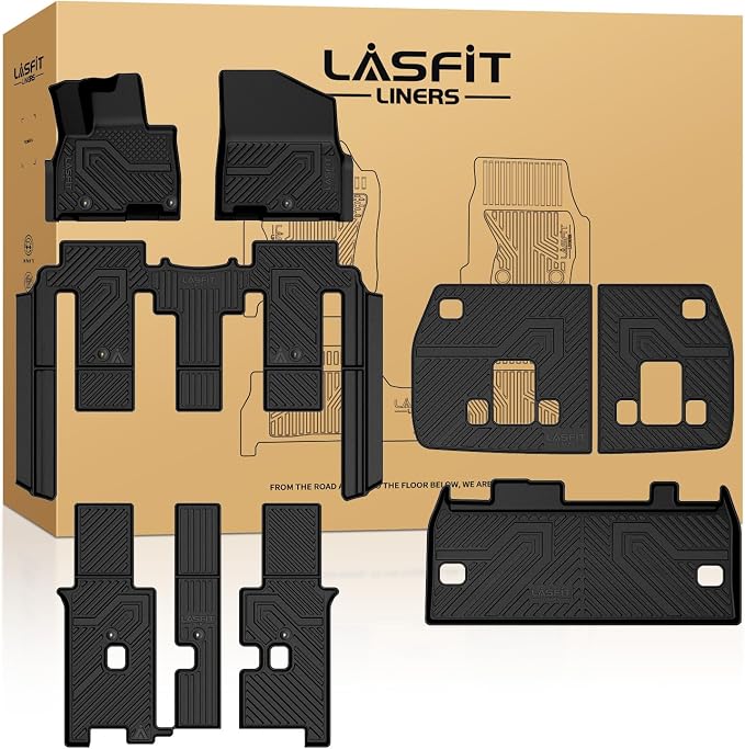 LASFIT Floor Mats & Backrest Mats & Cargo Mat for Kia Carnival 2026 2025 2024 2023 2022 (Only Fit Gas & 8 Seats), All Weather TPE Custom Fit Floor Liners Full Set Car Mats Trunk Mat Accessories, Black