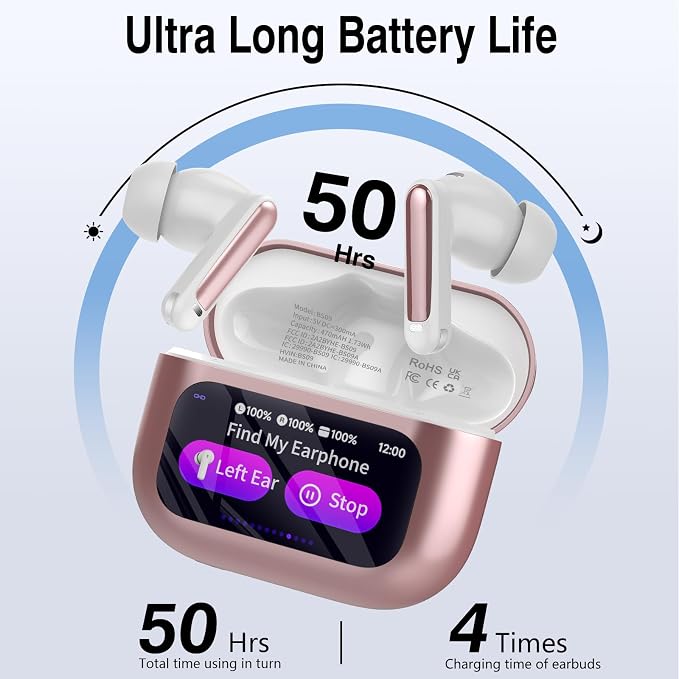 Thunelec Wireless Earbuds with Touch Screen, 2026 New Bluetooth 5.4 Headphones with ANC/ENC Mic, 50H HiFi Stereo Ear Buds with 5 EQ Modes, Transparency Mode, IPX7 Earphones for Running, Rose Glod