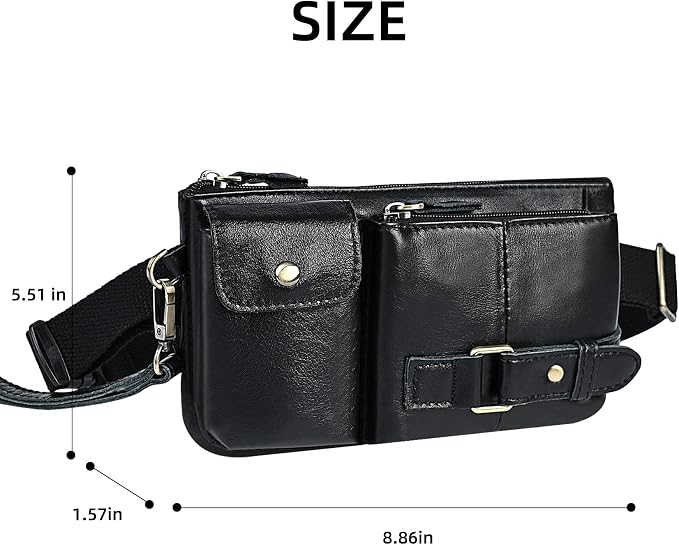 Water Resistant Canvas + Leather Hiking Riding Travel Fanny Waist Pack Small Phone Pouch For Men Women FB811-29 (100% Leather-The 8135 Black)