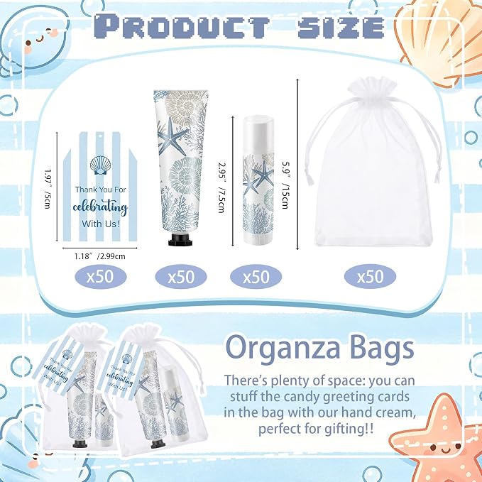 Loopeer 50 Set / 200 Pcs Coastal Baby Shower Favor Bulk Hand Cream Party Favors Beach Ocean Seashell Themed Hand Cream Lip Balm with Thank You Cards Organza Bags Appreciation Gifts for Summer Supplies